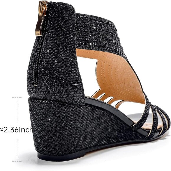 Women Wedge Sandals Sparkly Rhinestone Open Toe Dressy Evening Shoes - Picture 4 of 7